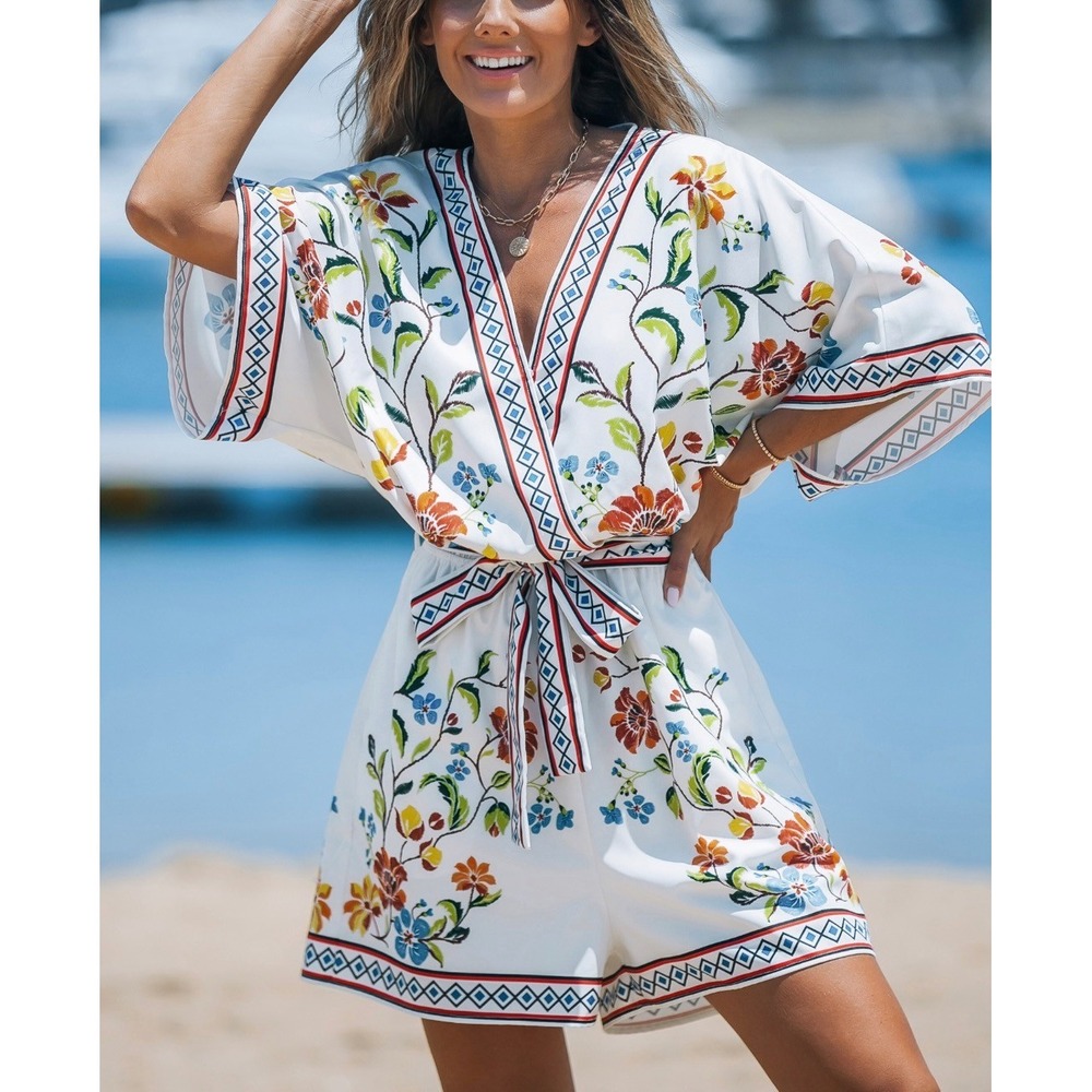 Cupshe Womens XL White Floral Kimono Sleeve Romper Surplice Belted Resortwear